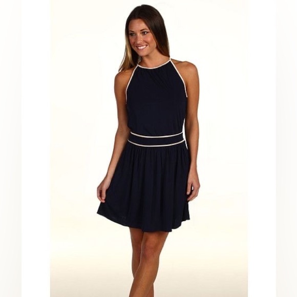 $228‼️Juicy Couture La Brea Halter Vicose Mini Dress Navy Gold Embossed Logo XS - Picture 2 of 11